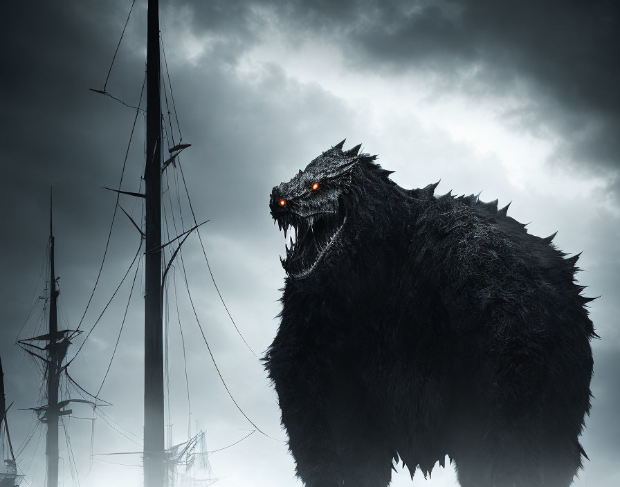 Dark monstrous creature with glowing red eyes amid old sailing ships under stormy sky