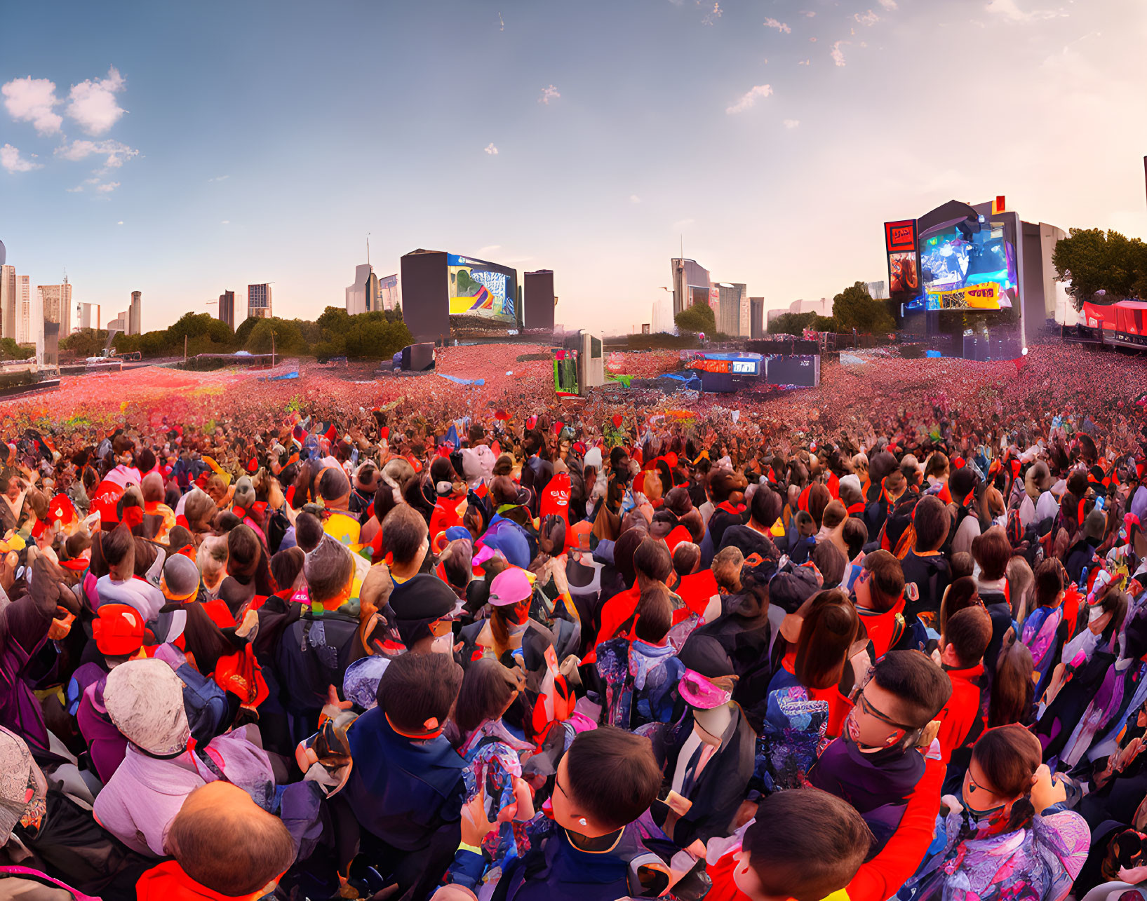 Crowded music festival at sunset with city skyline view