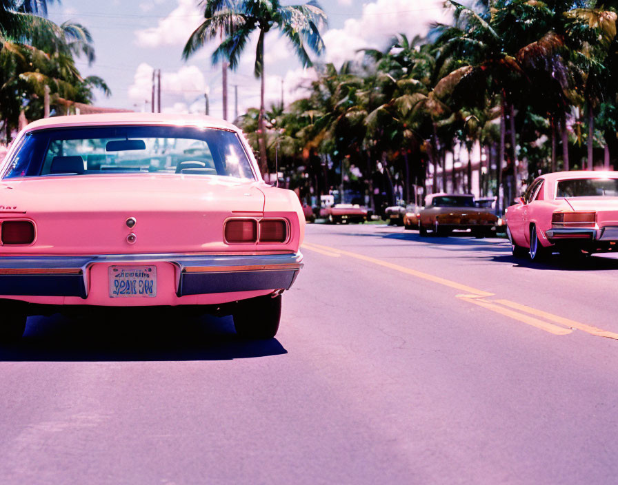 Vintage Pink Car Drives Palm-Lined Street with Classic Cars