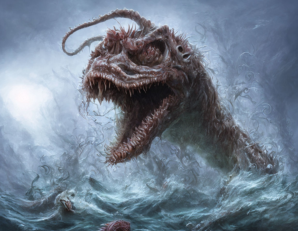 Terrifying sea monster with sharp teeth and tentacles in stormy ocean