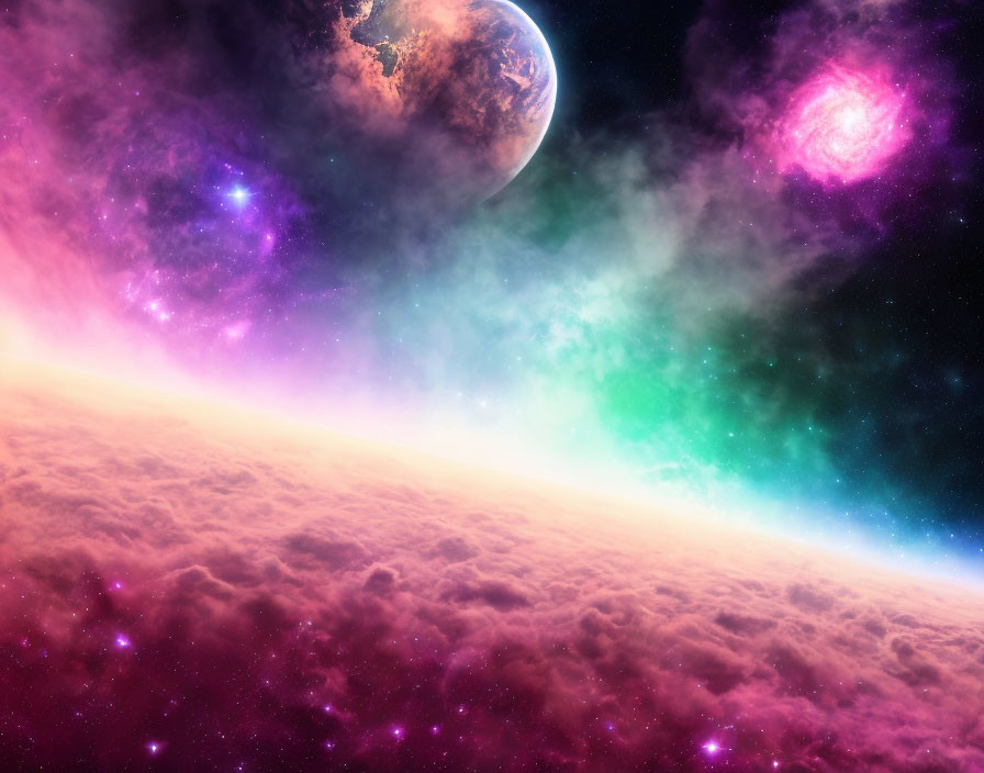 Colorful cosmic scene with Earth-like planet and galaxy in star-filled space.