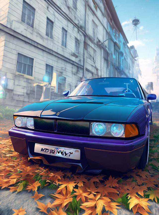 Shiny Blue Vintage Car on Street Covered with Autumn Leaves