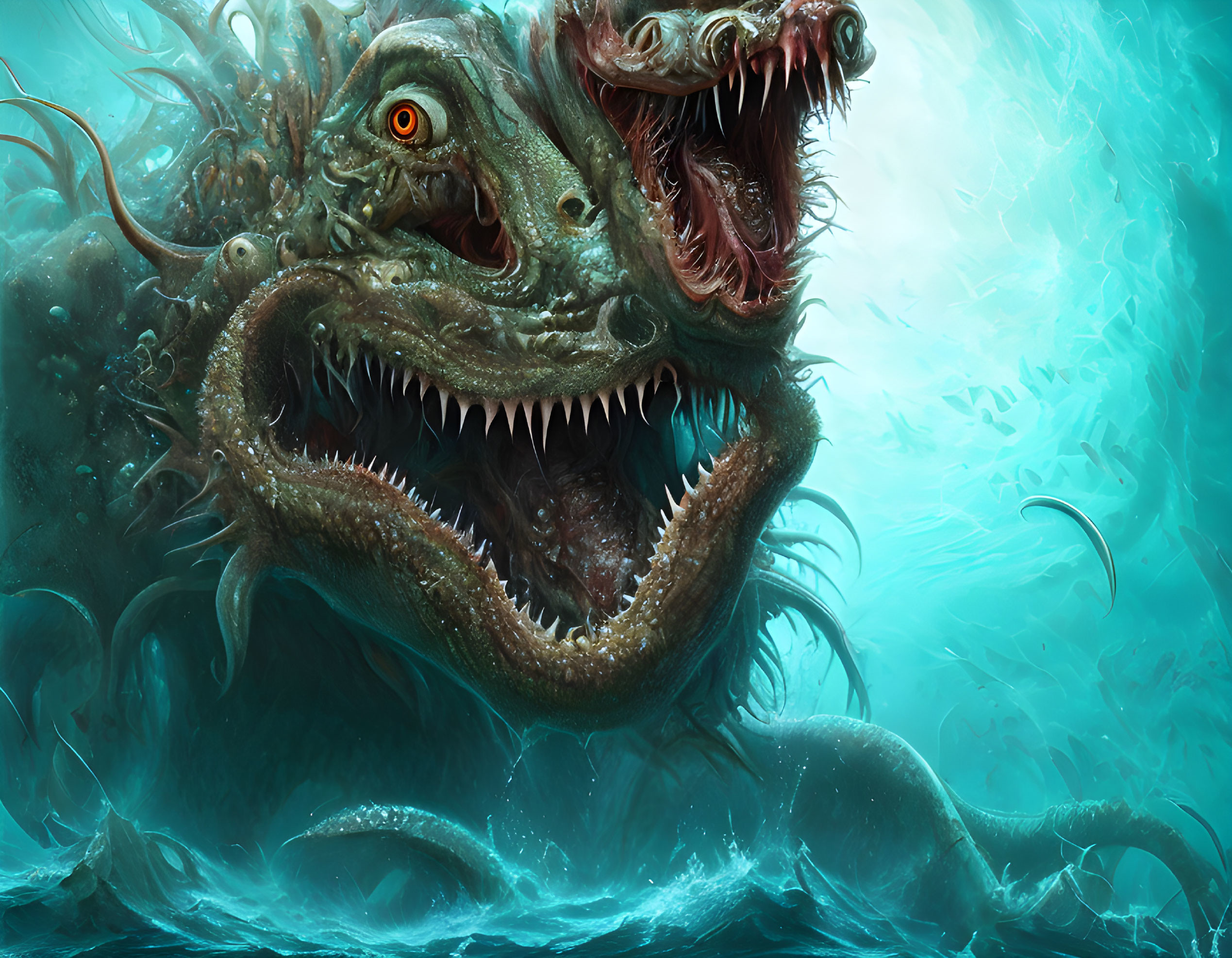 Mythical multi-headed sea monster with sharp teeth in aquamarine waters