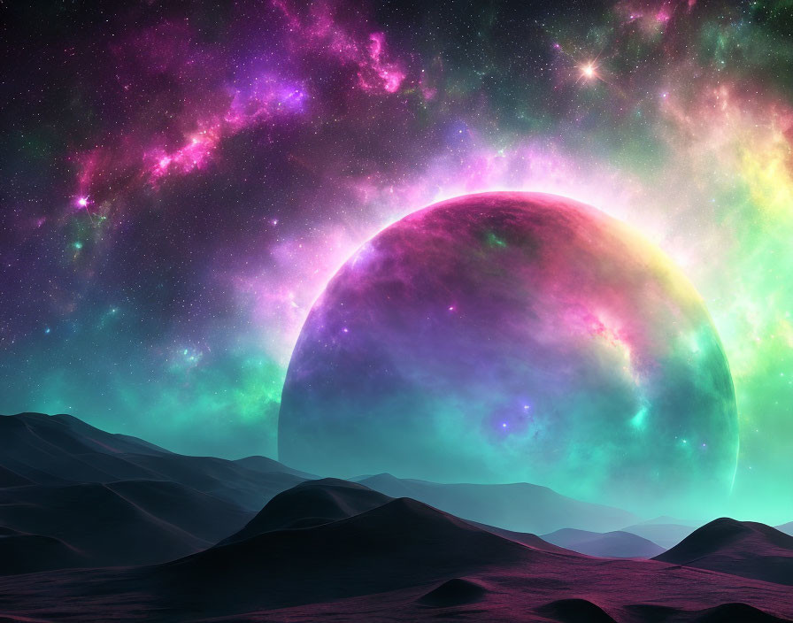 Colorful planet and nebulae in surreal desert landscape