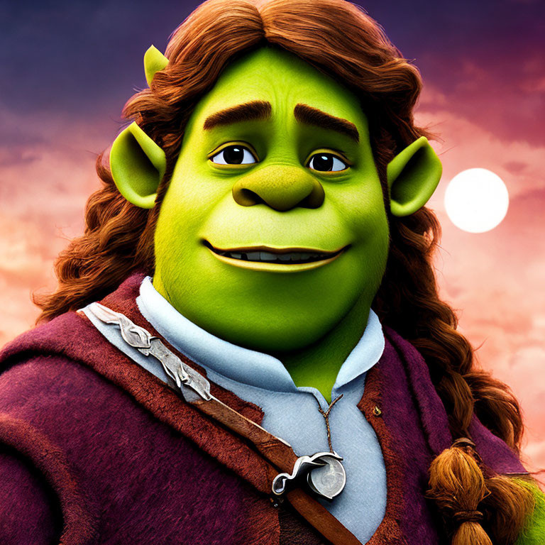 Friendly animated ogre in brown vest under sunset.