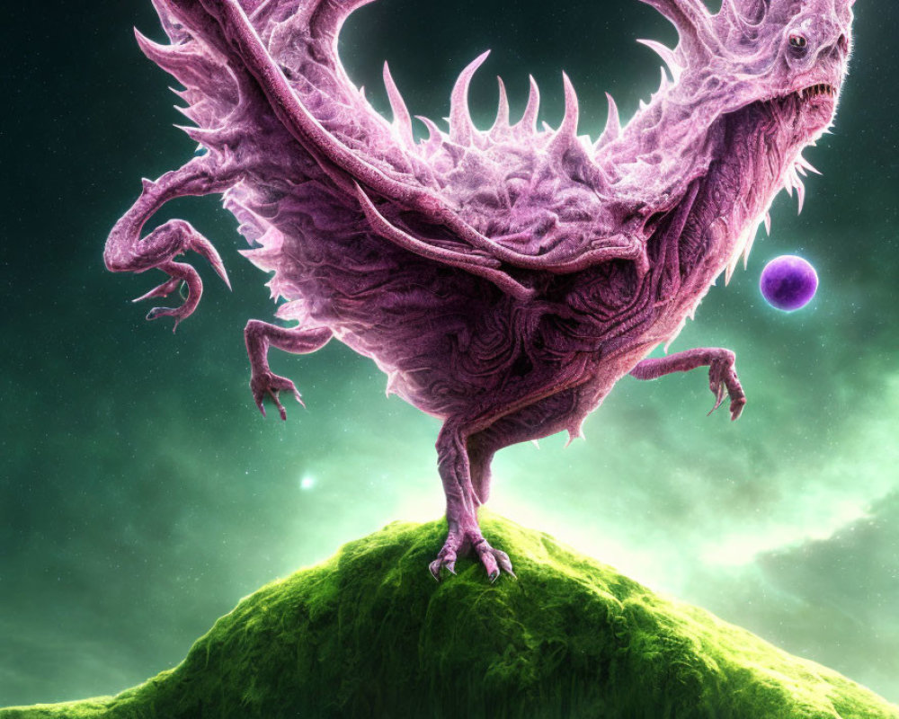 Purple dragon with intricate designs on grassy knoll against cosmic backdrop