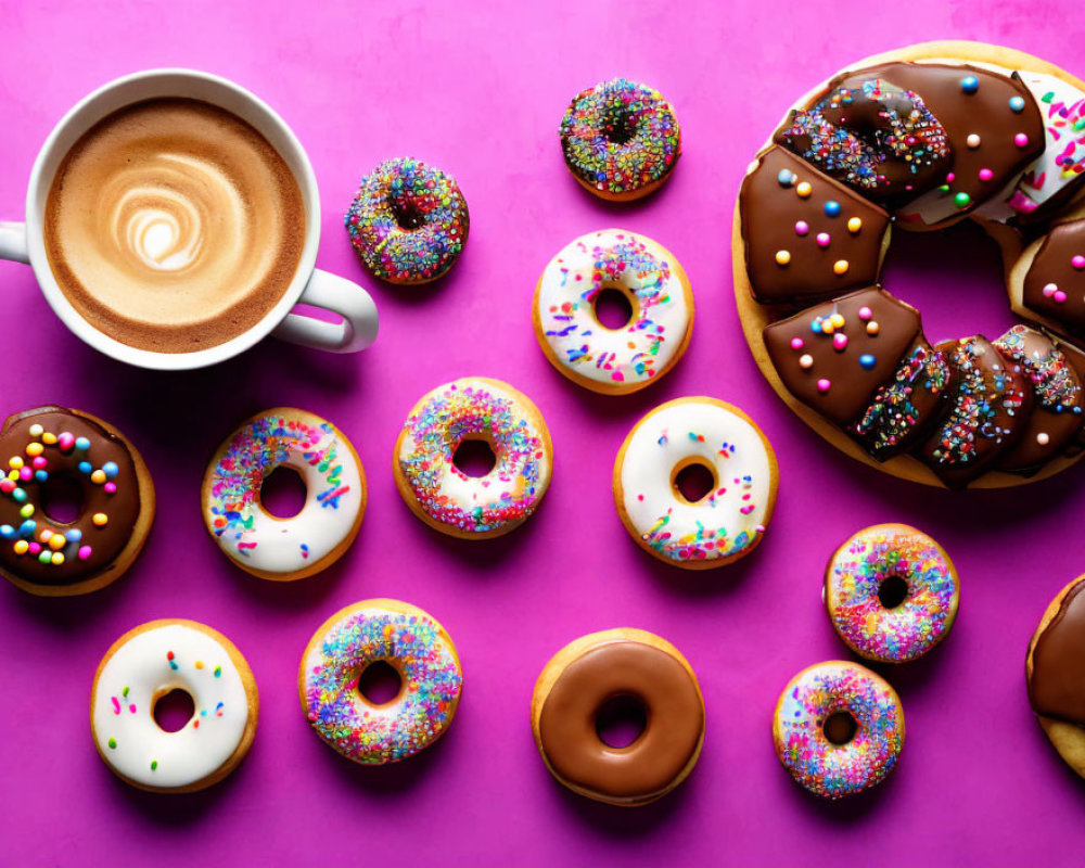 Assorted colorful donuts with sprinkles and chocolate glaze next to cappuccino on pink