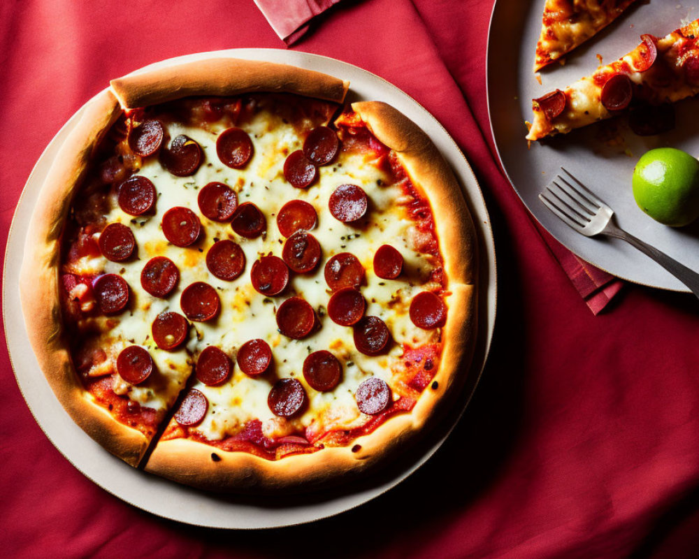 Pepperoni pizza slice with lime on crinkled red cloth plate background