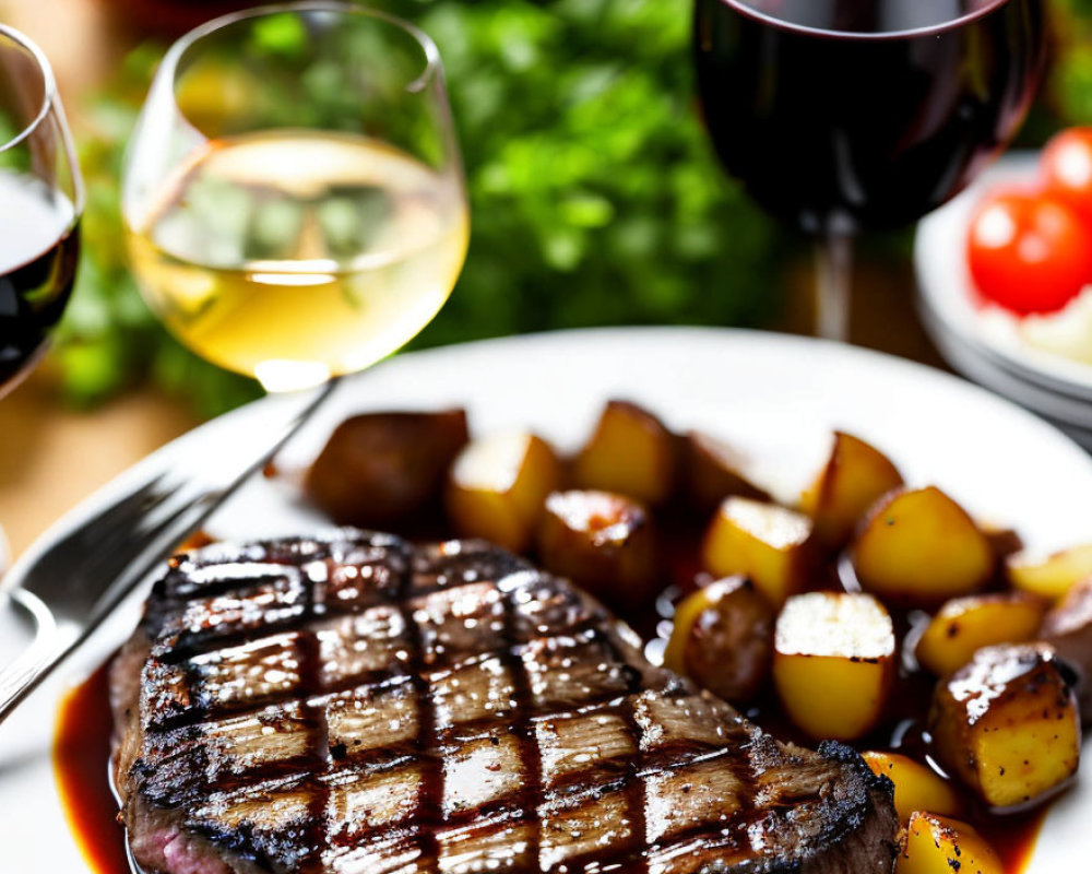 Succulent grilled steak, roasted potatoes, white and red wine, and fresh vegetables on a plate