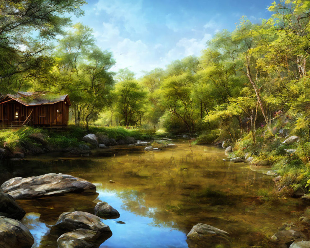 Tranquil forest scene with wooden cabin by gentle stream