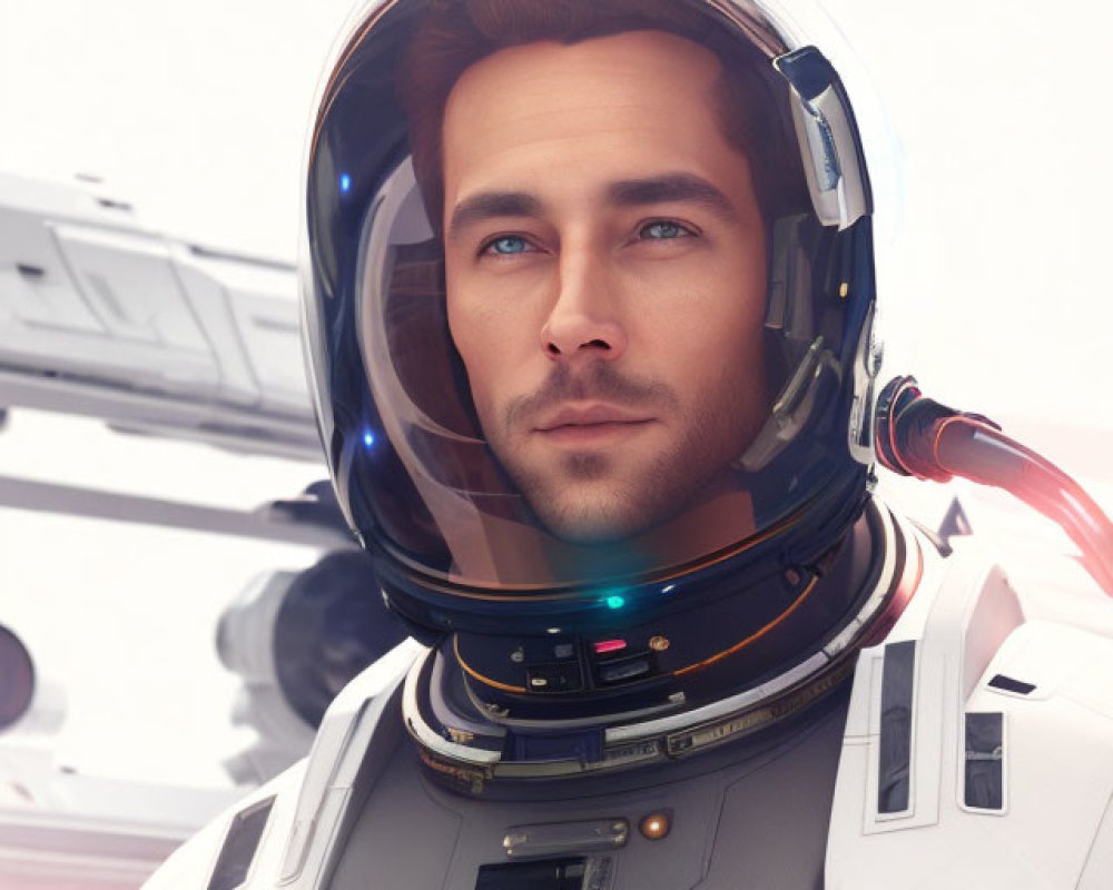 Male astronaut in space helmet with spacecraft background