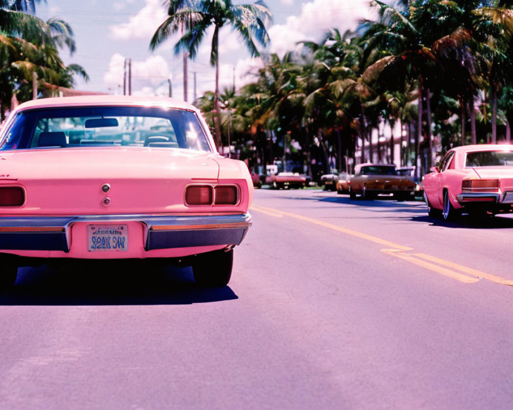 Vintage Pink Car Drives Palm-Lined Street with Classic Cars