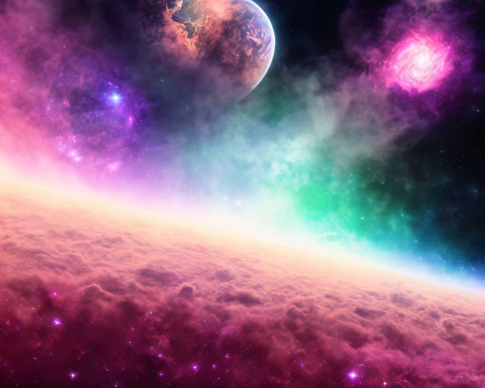 Colorful cosmic scene with Earth-like planet and galaxy in star-filled space.