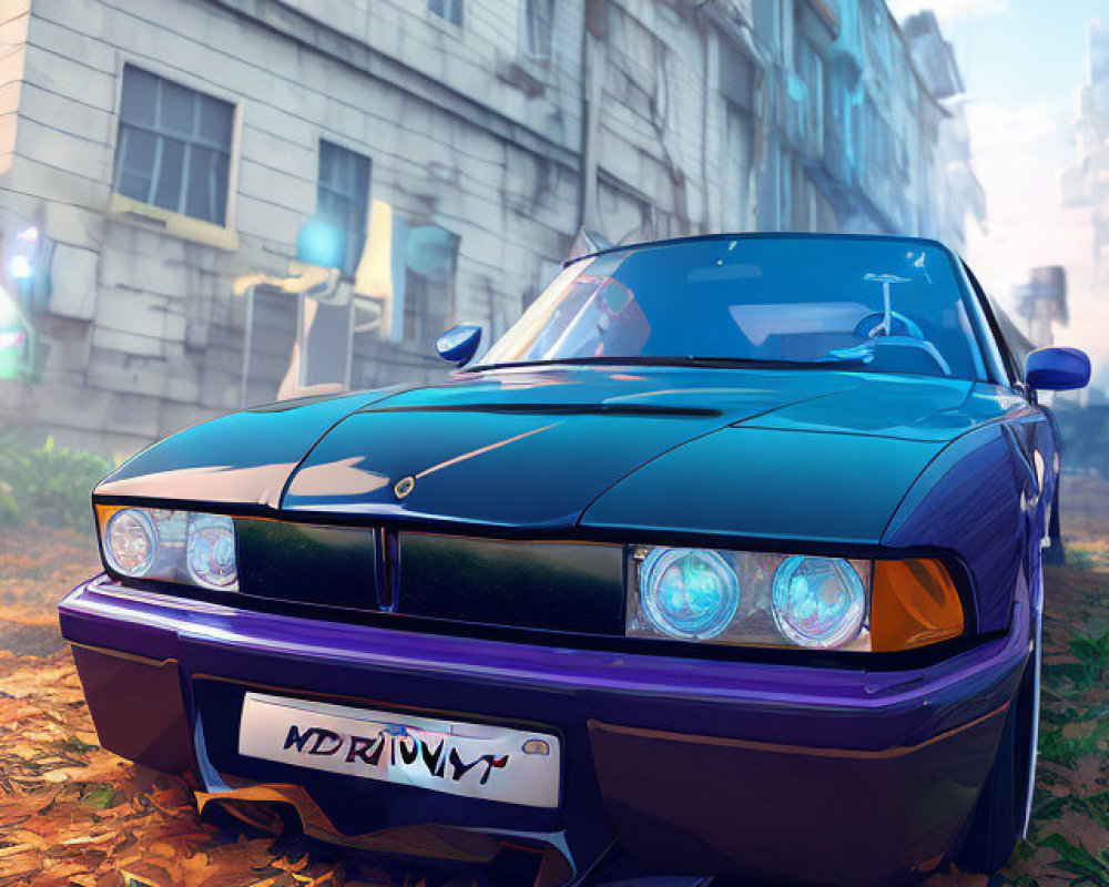 Shiny Blue Vintage Car on Street Covered with Autumn Leaves