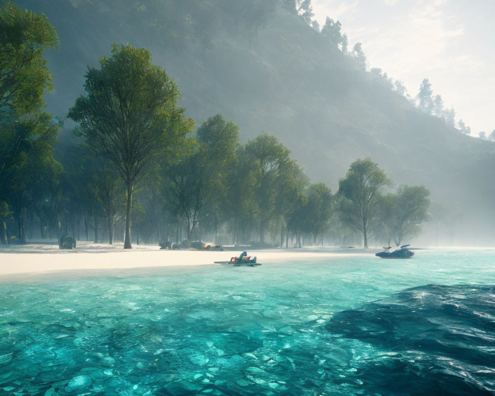 Tranquil Lakeside Scene with Clear Waters, Trees, Sandy Shore, and Boat