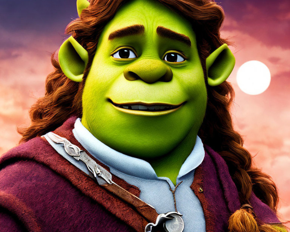 Friendly animated ogre in brown vest under sunset.