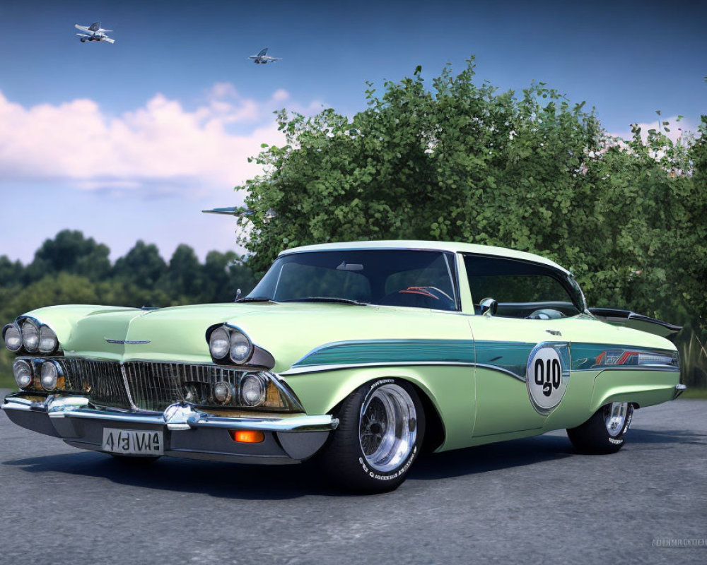 Classic Mint Green & White Two-Tone Car with Racing Number in Outdoor Setting