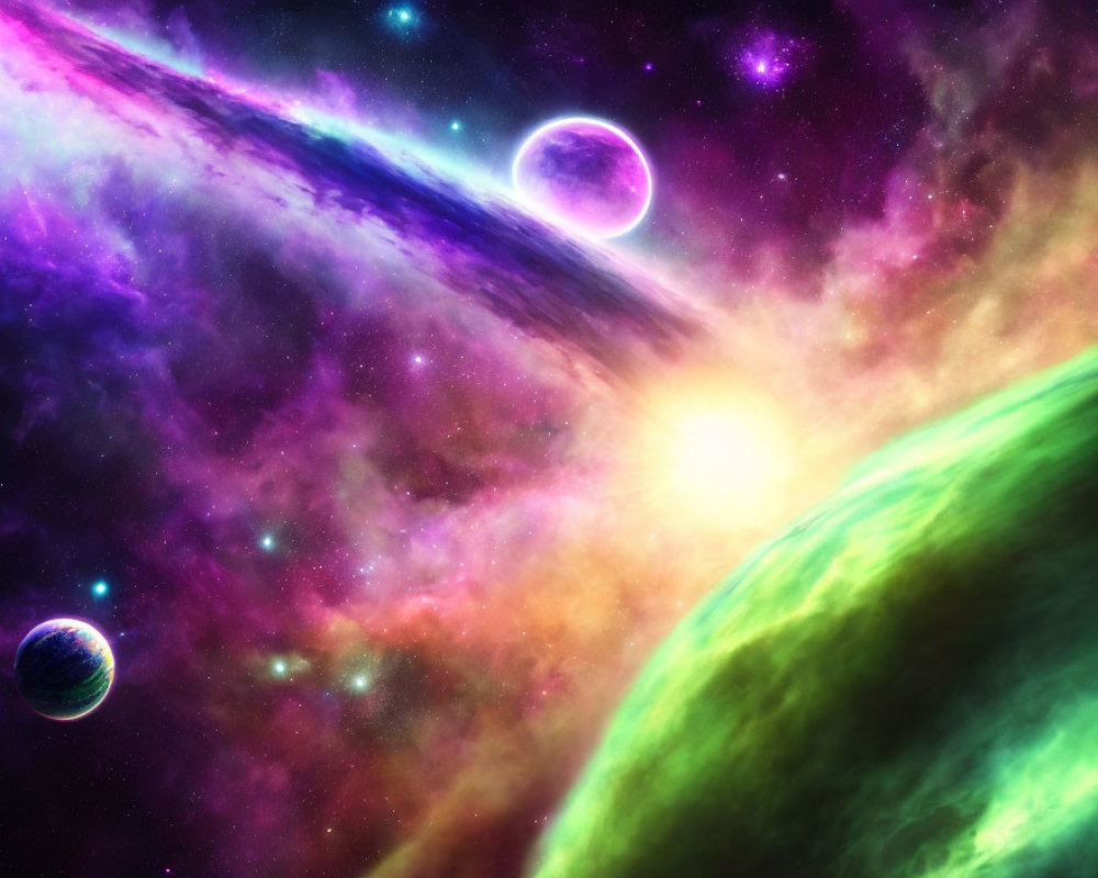 Colorful cosmic scene with green planet, radiant star, and nebula clouds