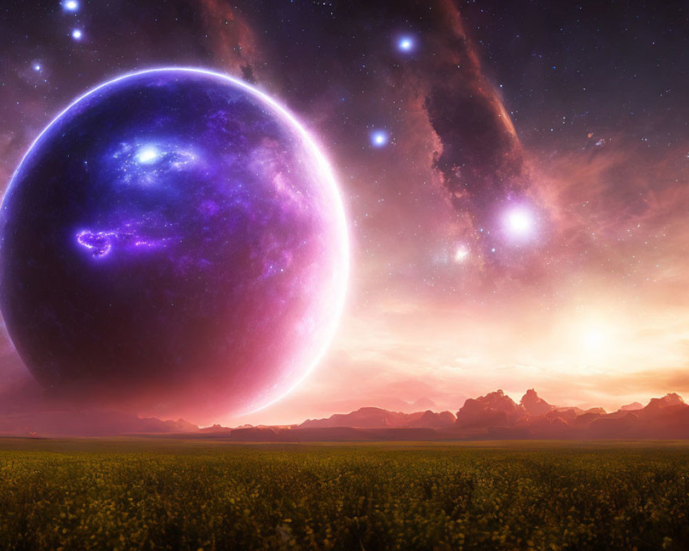 Vibrant purple planet over mountainous horizon in surreal landscape