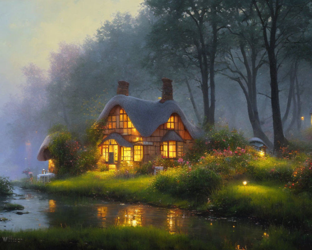 Thatched Roof Cottage by River in Twilight Landscape