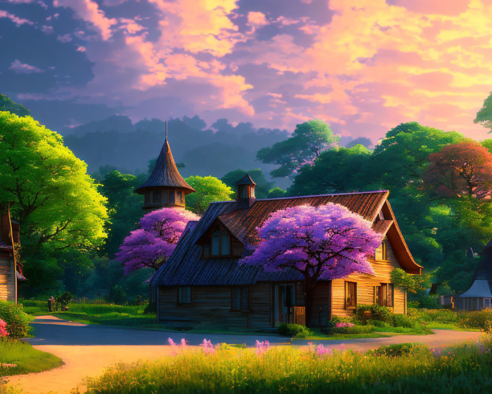 Thatched Roof House Surrounded by Purple Trees at Sunset