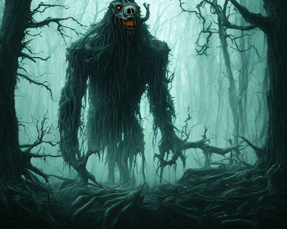 Monstrous creature with glowing eyes in misty forest