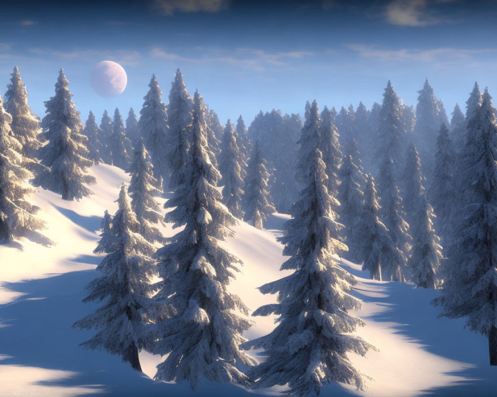 Winter scene: snow-covered coniferous forest under clear sky with visible moon