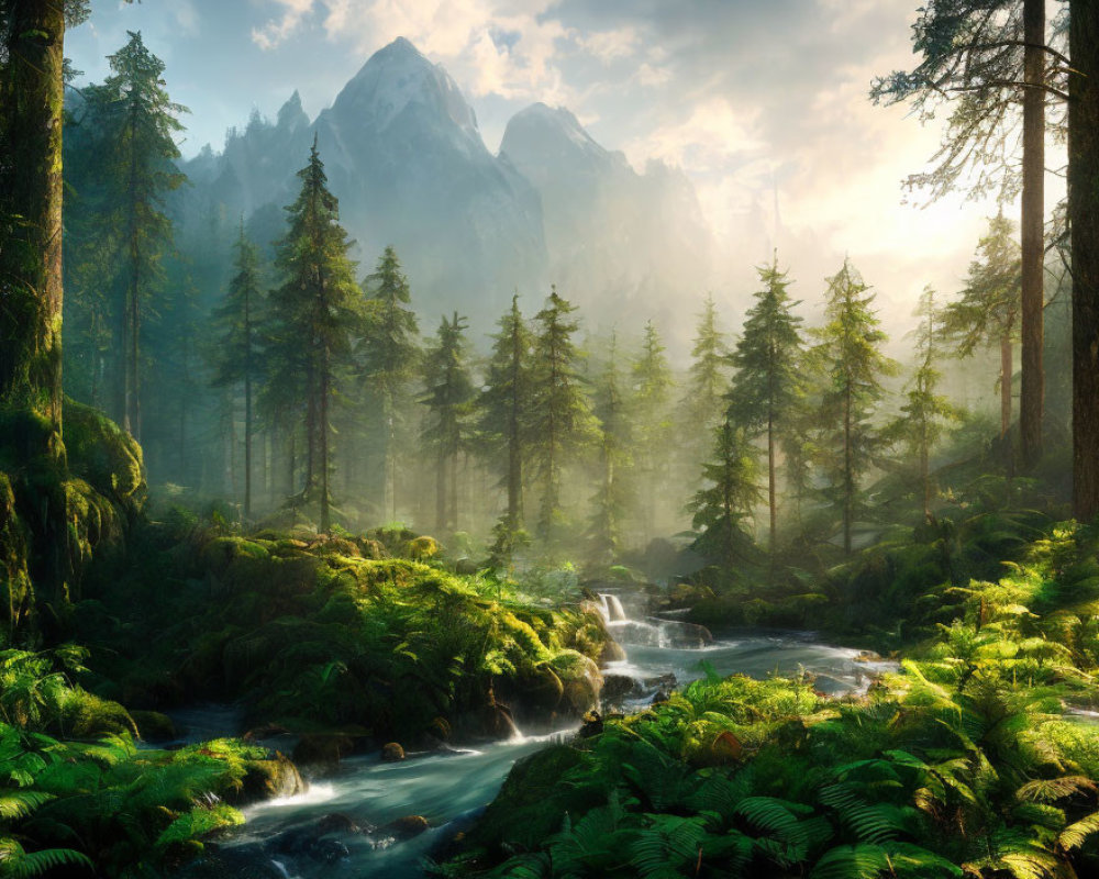 Serene forest stream with sunbeams and misty mountains