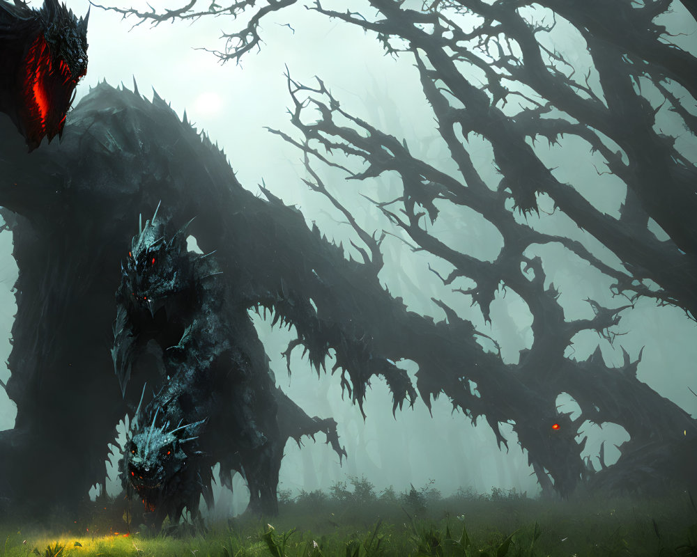 Fantasy landscape with dark creature and crystal-like structures in misty forest