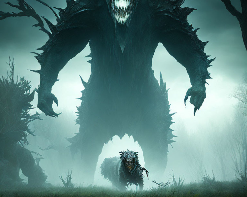 Monstrous creature overlooking misty forest with smaller figure beneath clawed archway