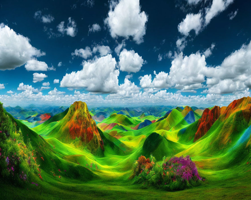 Colorful Rolling Landscape Under Blue Sky with Clouds