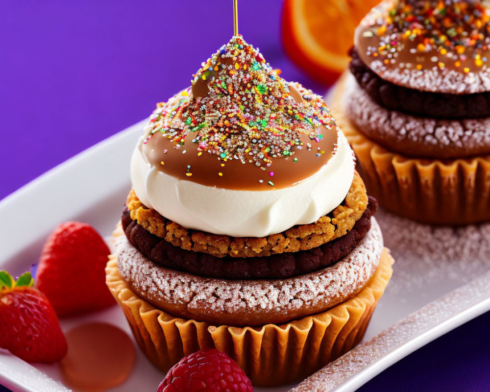 Layered Cake with Cream, Chocolate Glaze, and Sprinkles on White Plate