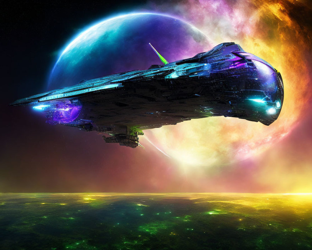 Futuristic spacecraft in vibrant sci-fi space scene