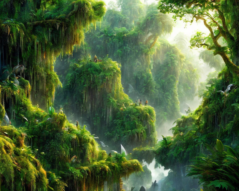 Vibrant green rainforest with dense foliage and mist, sunlight filtering through