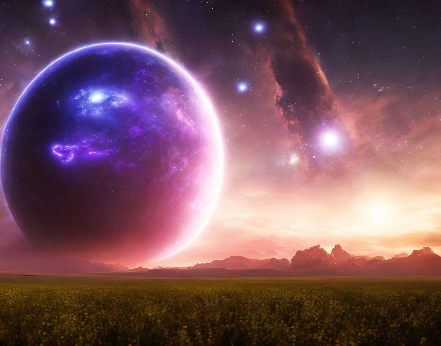 Vibrant purple planet over mountainous horizon in surreal landscape