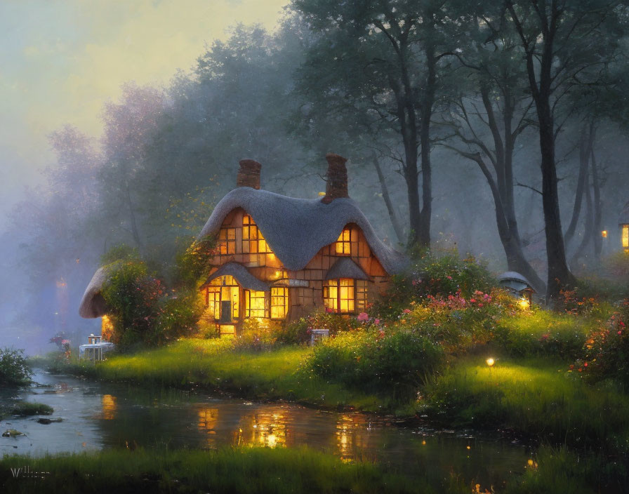 Thatched Roof Cottage by River in Twilight Landscape