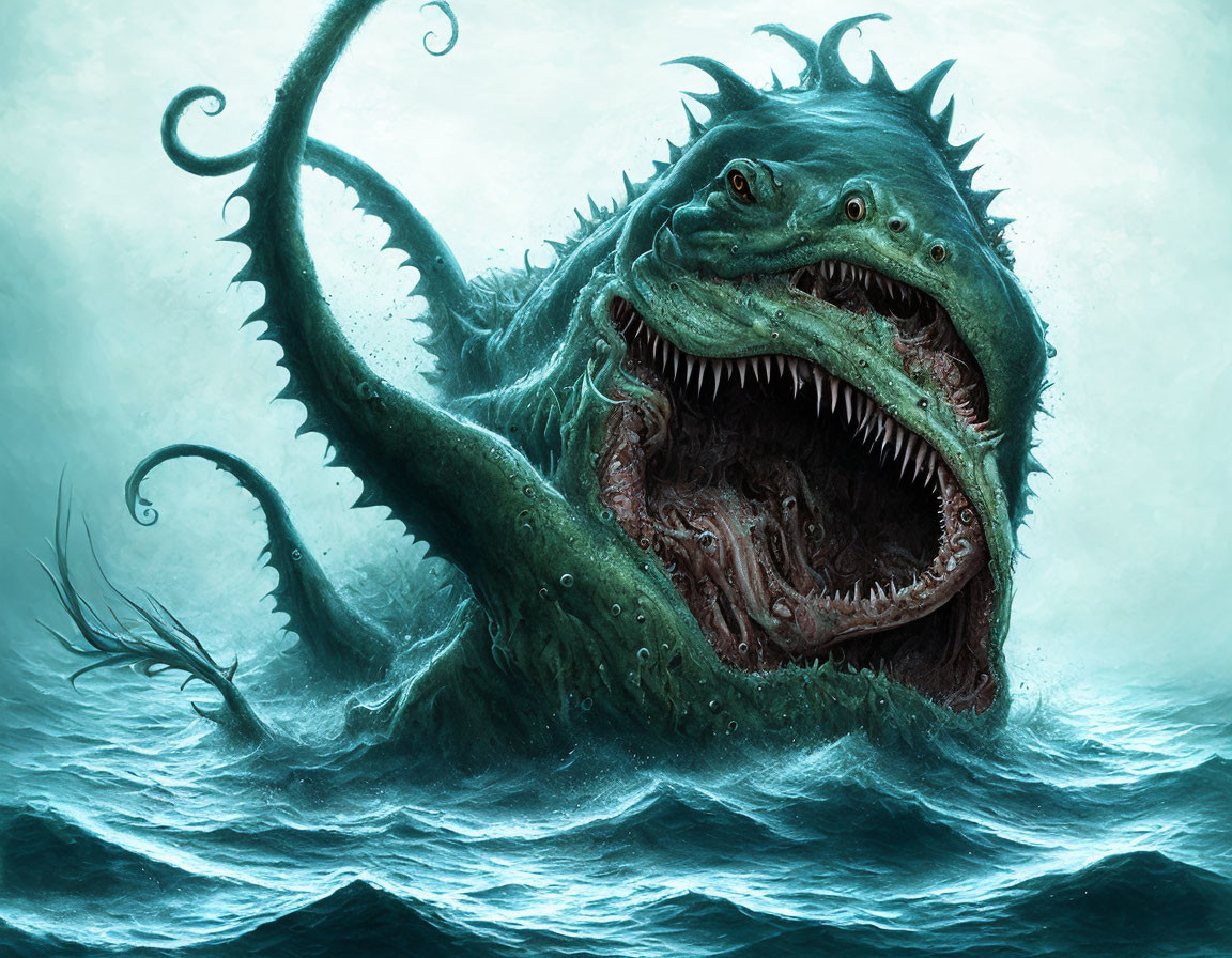 Monstrous sea creature with multiple jaws, sharp teeth, and tentacles emerging.