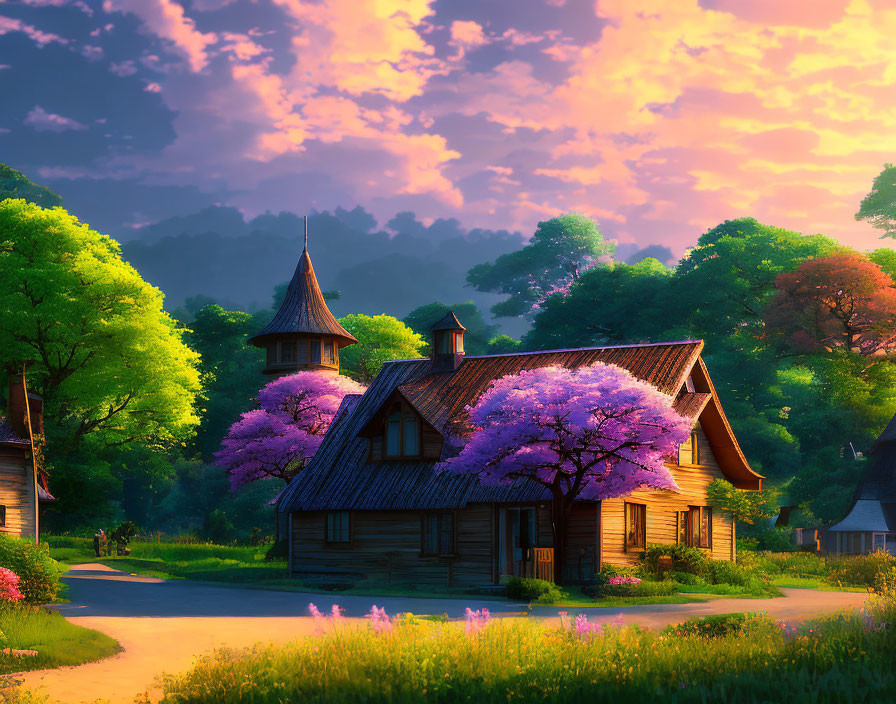 Thatched Roof House Surrounded by Purple Trees at Sunset