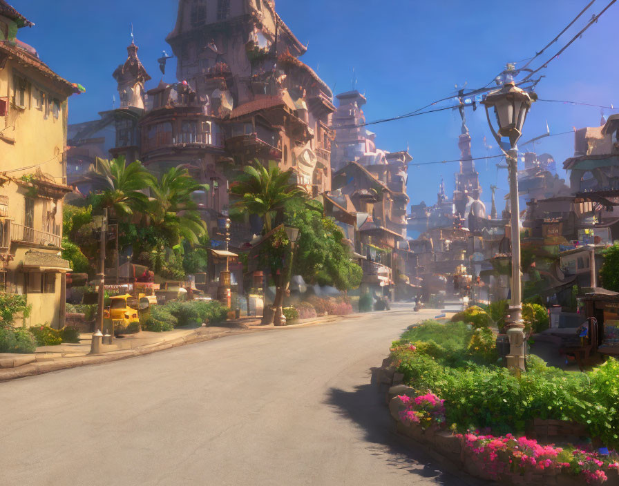 Serene town street with palm trees and pink flowers under clear blue sky