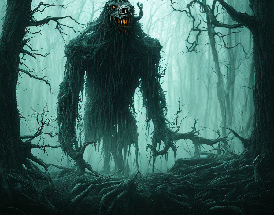 Monstrous creature with glowing eyes in misty forest