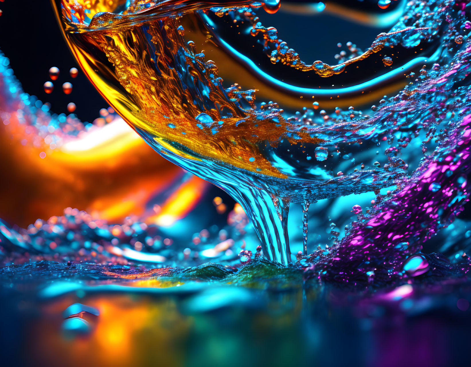 Colorful Liquid Splash: Orange and Blue Swirls on Dark Background