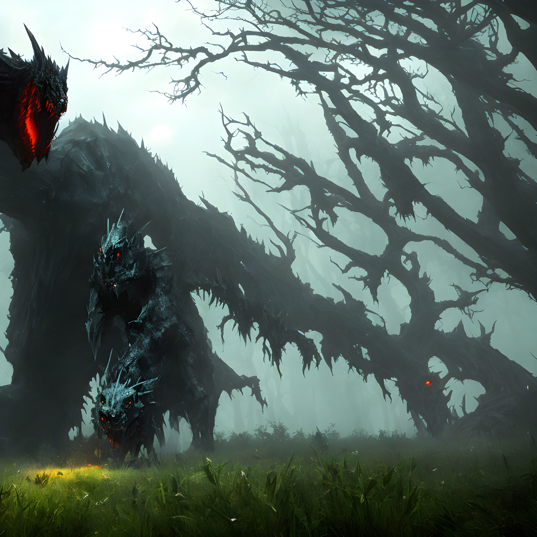 Fantasy landscape with dark creature and crystal-like structures in misty forest