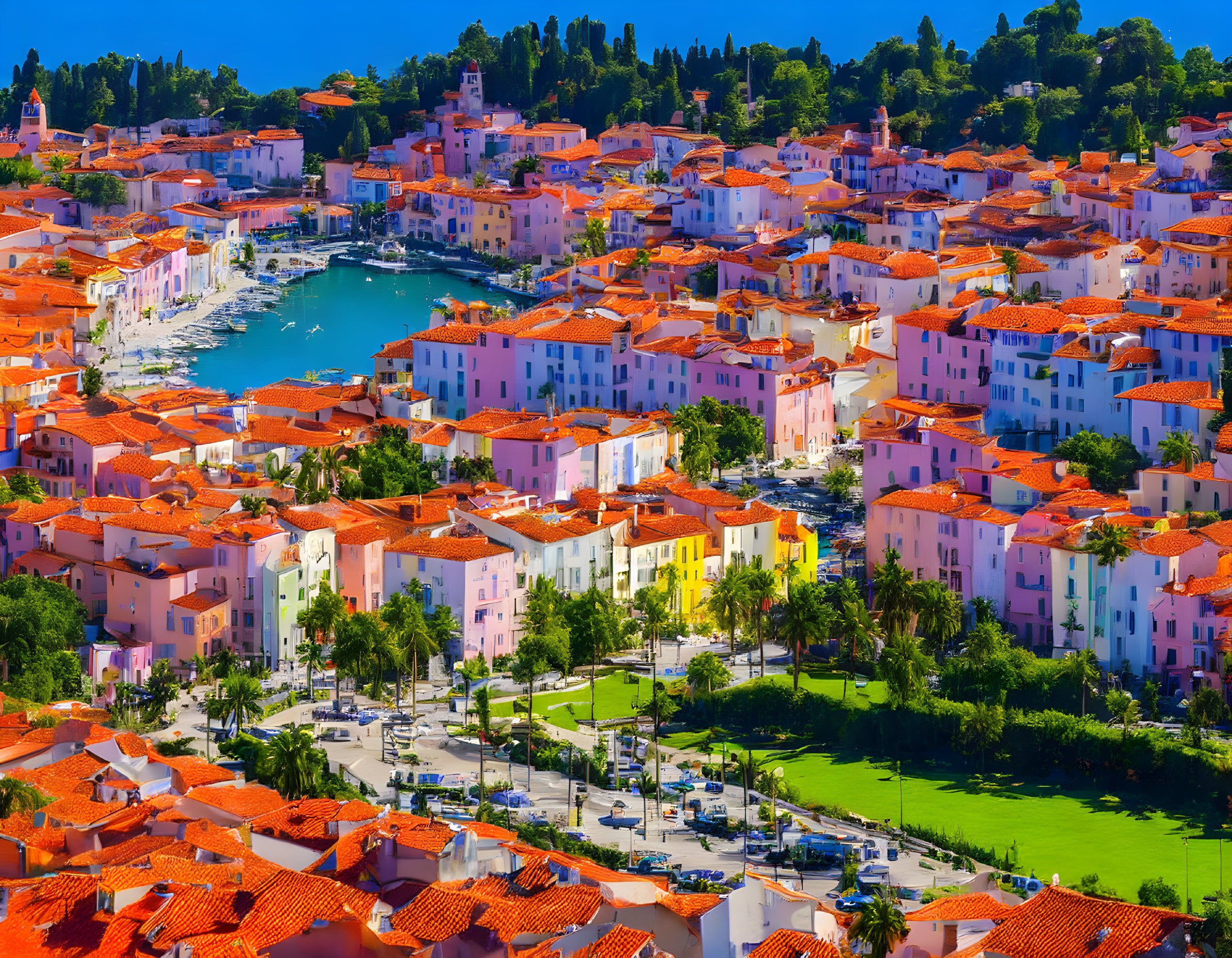 Colorful Coastal Town with Marina, Boats, and Greenery