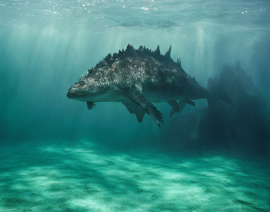 Prehistoric marine reptile with long body and sharp dorsal spines swims near rocky seabed.