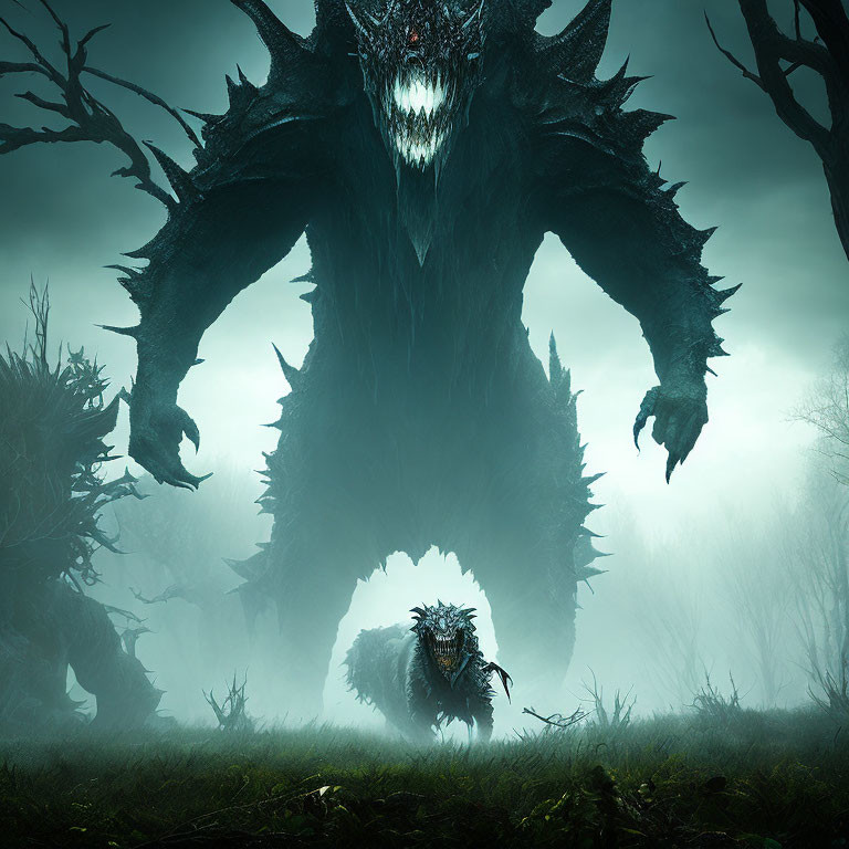 Monstrous creature overlooking misty forest with smaller figure beneath clawed archway