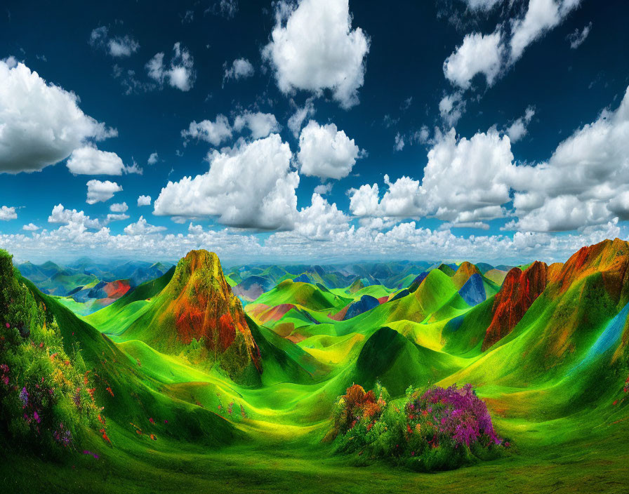 Colorful Rolling Landscape Under Blue Sky with Clouds