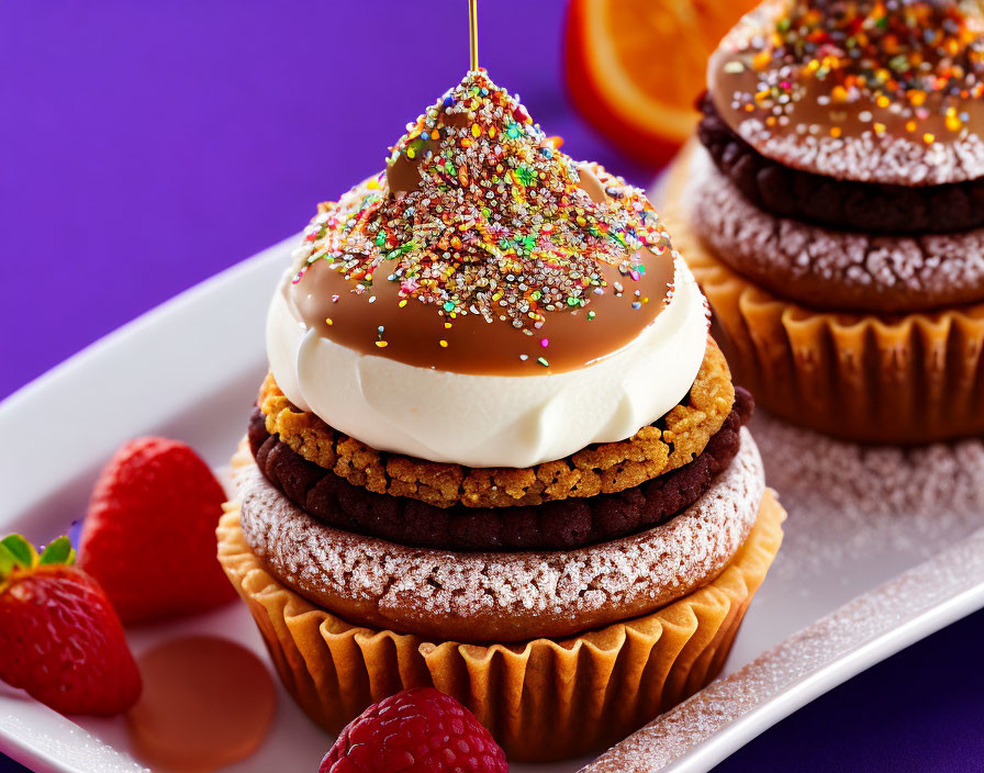 Layered Cake with Cream, Chocolate Glaze, and Sprinkles on White Plate