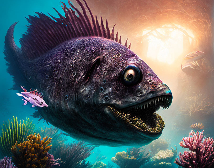 Prehistoric fish with sharp teeth and spines in vibrant coral reefs