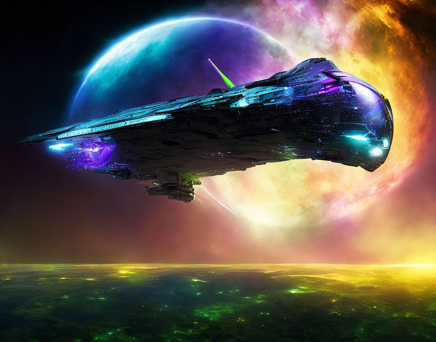 Futuristic spacecraft in vibrant sci-fi space scene