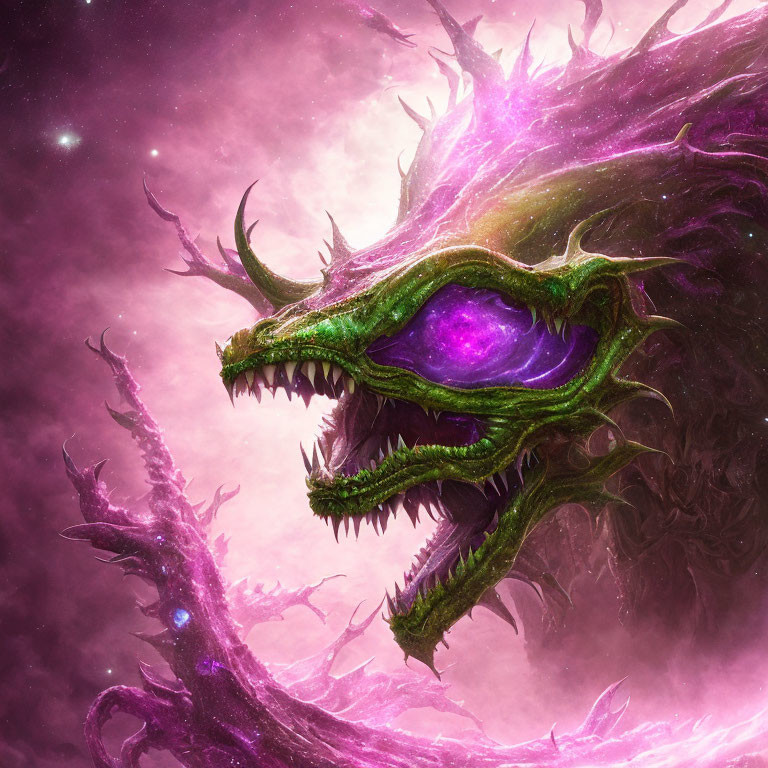 Shimmering purple cosmic dragon with glowing eyes in starry space